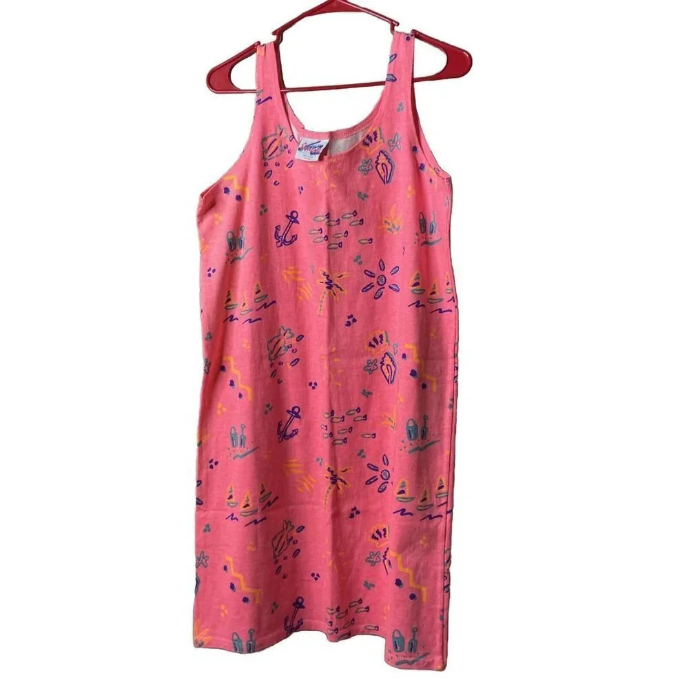 Vintage USA‎ Cotton 90S Pink Sundress Swimsuit Cover Up Fish Sailboats Sz Medium